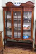 Edwardian mahogany and satinwood inlaid china cabinet having central glazed panel flanked by two