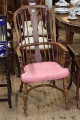 Victorian Windsor elm splat back elbow chair with crinoline stretcher
