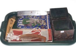 Islamic tile, Oriental cleaver, wooden combs, pair of bronze castings decorated with putti,