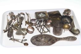 Collection of mostly silver to include spoons, cigarette cases, toast rack, napkin rings,