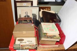Vintage photographs, tape measure, books, keys, drawing instruments, games,