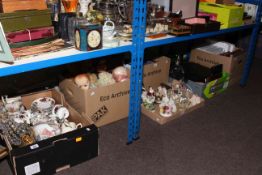 Six boxes of china, teaware, collectors plates, Lilliput Lane, glassware, books, dolls,
