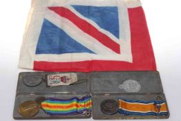Two WWI medals, vintage tins, Union Jack,