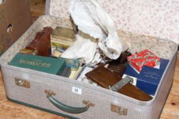 Suitcase of collectables including lighters, dominoes, coins,