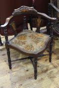Late Victorian mahogany and satinwood inlaid corner elbow chair