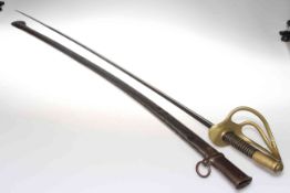 19th Century French heavy Cavalry sword, scabbard, overall 106.5cm, LOB 91cm, no.