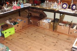 Trunk and six boxes of clocks, china, glassware, pair of Glyn Colledge vases and bowl, etc,