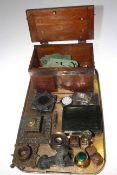 Various inkwell, box of coins and tokens, silver cigarette cases, pocket watch, spoons,