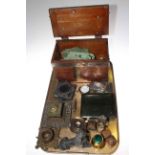 Various inkwell, box of coins and tokens, silver cigarette cases, pocket watch, spoons,