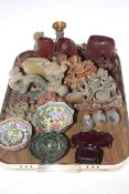 Collection of soapstone carvings, two Chinese wood stands,