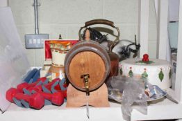 Copper kettle, spirit barrel, Myott jug, watches, costume jewellery, gym weights,