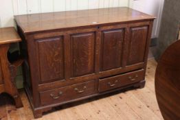 Antique oak mule chest, the four panel front above two drawers, 89cm by 138.
