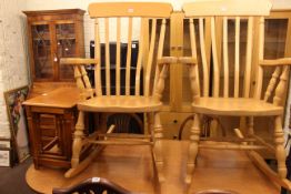 Pair beech farmhouse style rocking chairs and nest of three turned leg tables (3)