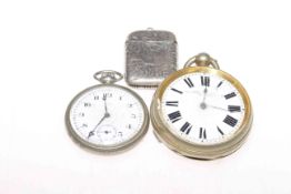 Two pocket watches and a silver vesta