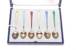 Set of six Danish silver and enamel coffee spoons,