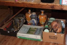 Box of metalwares with brass trivet and candlesticks, Subbuteo cricket, vases, African mask,