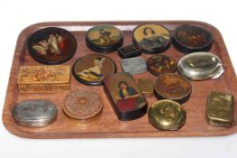 Papier mache boxes and box lids, assorted snuff boxes,
