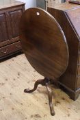 19th Century circular mahogany snap top supper table on pedestal tripod base,