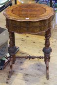 Victorian burr walnut shaped top sewing table,