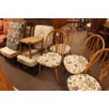 Pair Ercol Old Colonial armchairs and footstool, set of four Ercol dining chairs,