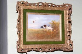 Framed Crown Devon Fieldings hand painted plaque 'Gun Dogs and Pheasants', signed R.