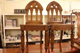 Pair Victorian oak arched back hall chairs and two plant stands (4)