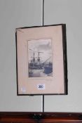 Framed photograph of a three masted ship in dockyard