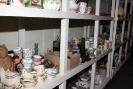 Full shelf of glass, china, metalwares, tea and dinnerware, collectables,