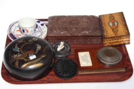 Papier mache lidded dish, two wood boxes, clay pigeon trophy desk stand, cup, saucer and plates,