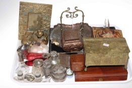 Silver topped bottles and salts, brass and copper ware, mahogany box,