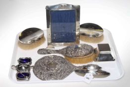 Assorted silver including photograph frame, brush and mirror, pair of brushes, inkwell,