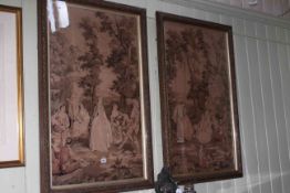 Pair large framed tapestries depicting figures in a garden,