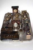 Two brass and other inkwells, assorted table bells, two papier mache pen boxes, two blotters,