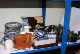 Collection of silver plate, cutlery, drawing instruments, binoculars, blue and white china,
