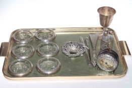 Collection of silver including goblet, clock, six coasters, pierced dish,