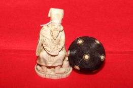 Signed antique ivory figure and novelty ball (2)