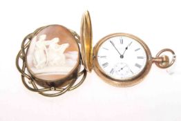 Waltham gold plated hunter pocket watch and a large Victorian cameo brooch (2)