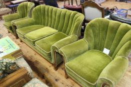 1930's three piece lounge suite in green velour with carved walnut fascia