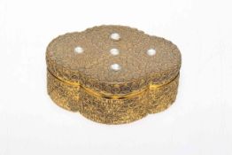 19th Century gilt-metal cushion-shaped box, applied with five small cameos,