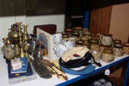 Studio Pottery mask mugs, Masons blue and white teaware, pair of binoculars, pair Cloissone vases,