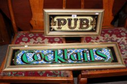 Framed 'pub' and 'cocktails' signs (2)