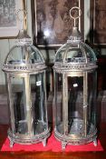 Pair metal and glass candle lanterns