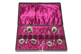 Set of six late Victorian apostle shell bowl teaspoons and tongs Birmingham 1897 cased