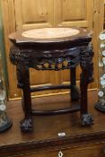 Oriental carved hardwood and marble inset jardiniere stand,