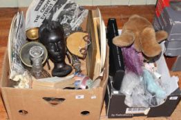 Two boxes containing glass decanters, soft toys, carved bust, face plaque,