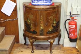 Walnut chinoiserie bow front two door cocktail cabinet on cabriole legs,