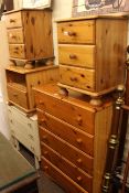 Pine finish five drawer chest, pair three drawer pedestal chests,
