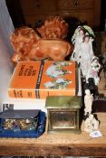 Staffordshire lions and figures, album of Royal Wedding first day covers, Elliot mantel clock,