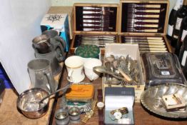 Boxed cutlery, entree dish, tankards, watches, china, coins,