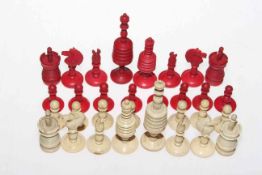 19th Century stained and natural bone chess pieces